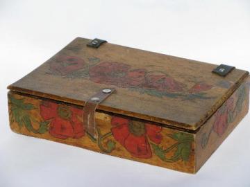 antique Flemish art tinted pyography box w/ red poppies, vintage lap desk