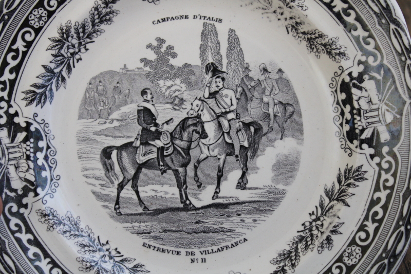 antique French Gien faience pottery plate black transferware 1859 military scene number 11