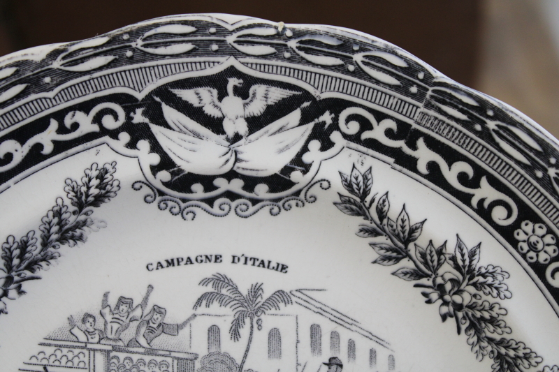 antique French Gien faience pottery plate black transferware 1859 military scene number 2