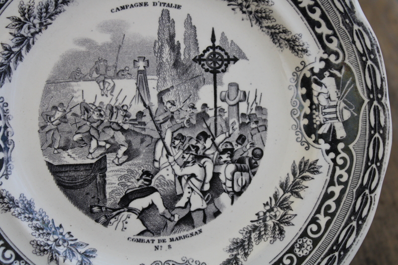 antique French Gien faience pottery plate black transferware 1859 military scene number 8
