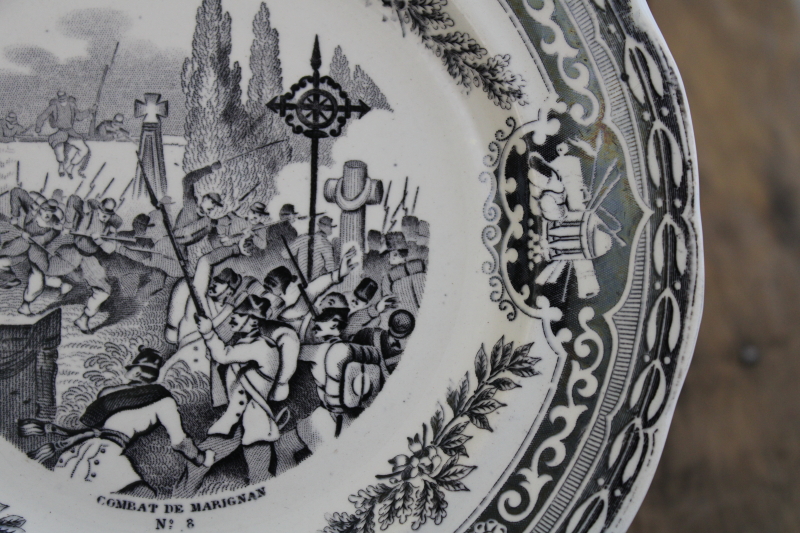 antique French Gien faience pottery plate black transferware 1859 military scene number 8