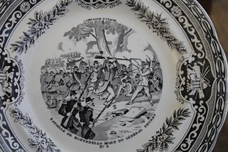 antique French Gien faience pottery plate black transferware 1859 military scene number 9