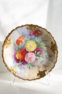 antique French Limoges china plate w/ embossed border, hand painted flowers