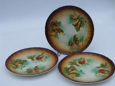 antique French china dessert or bread & butter plates w/ autumn fruit, France marks