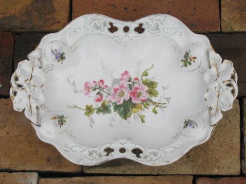 antique German china bowl, puffy 'oyster' shape, flowers, leaf handles
