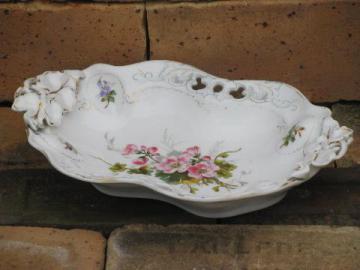 antique German china bowl, puffy 'oyster' shape, flowers, leaf handles