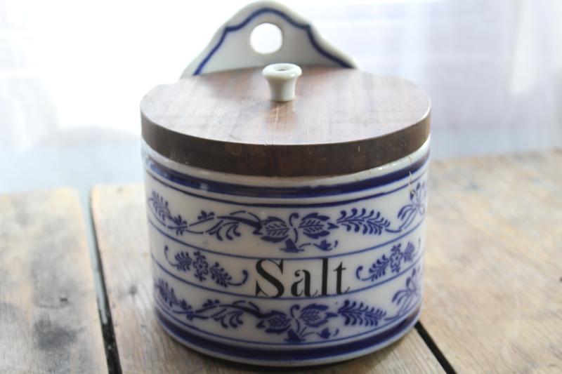 antique German flow blue china salt box, onion pattern wall hanging canister w/ wood lid