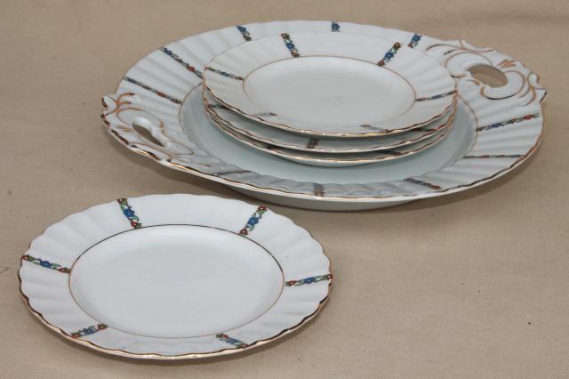 antique German porcelain dessert set, china plates w/ serving tray, Germany mark 