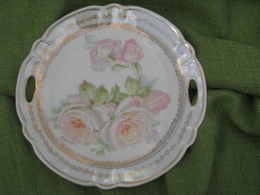 antique Germany china serving plate w/ handles, cabbage roses and luster