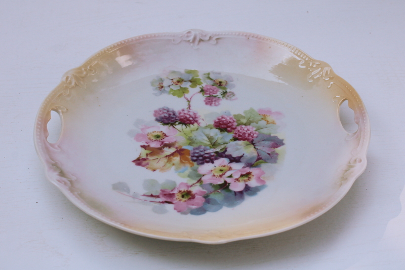 antique Germany porcelain fruit plate, luster china w/ blossoms blackberries or raspberries