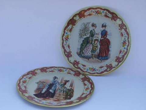 antique Godey ladies dress fashion prints, vintage Daher Decorated Ware tole plates
