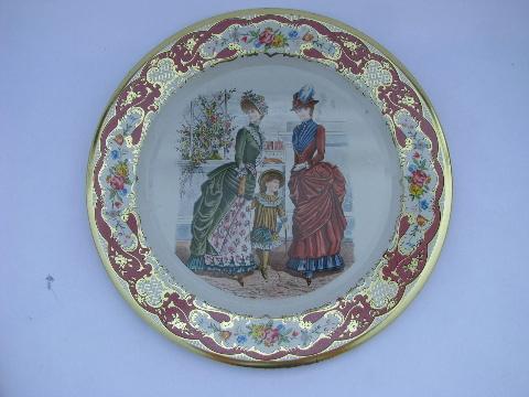 antique Godey ladies dress fashion prints, vintage Daher Decorated Ware tole plates