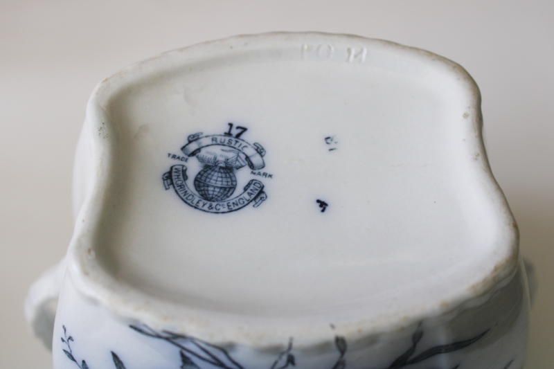 antique Grindley England ironstone china biscuit jar, dark blue transferware Rustic floral