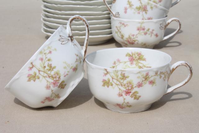 antique Haviland Limoges china cups & saucers set for 12, scalloped edge porcelain, pink floral