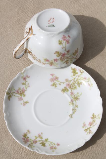 antique Haviland Limoges china cups & saucers set for 12, scalloped edge porcelain, pink floral