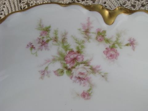 antique Haviland Limoges porcelain vegetable bowl, pink floral/gold