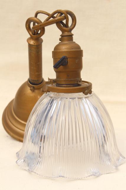 antique Holophane shade pendant light w/ early electric socket, all original vintage lighting