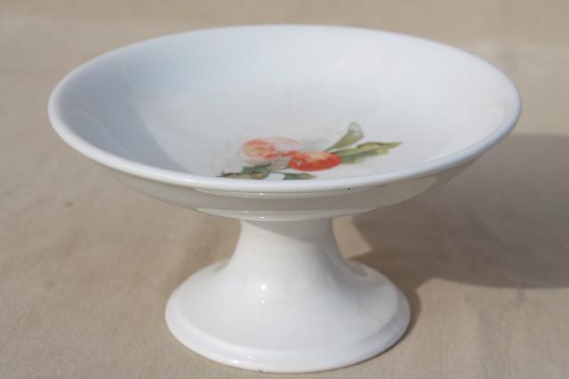antique Homer Laughlin china compote bowl w/ cherries, white ironstone semi porcelain