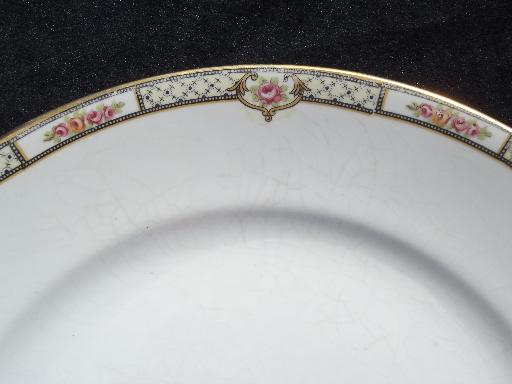 antique Homer Laughlin china plates, tiny pink rose black lattice border