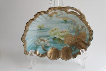 antique Japan mark hand painted china dish, leaf shaped tray w/ water lilies, gold moriage decoration
