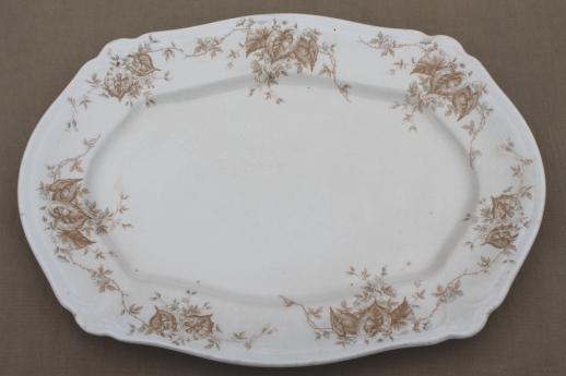 antique Johnson Bros. china platter, brown leaves & flowers in palest blue