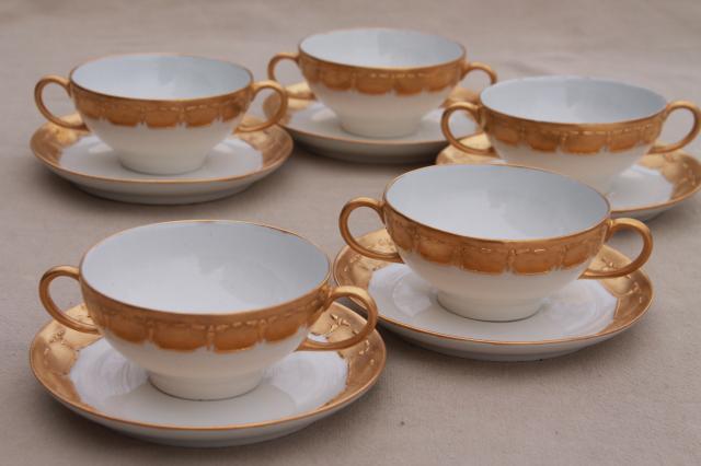 antique Limoges china boullion cups or cream soup bowls w/ encrusted gold, vintage 1913
