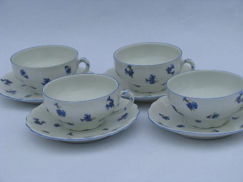antique Ludwigsburg porcelain cups & saucers, ornate white w/ blue cornflowers