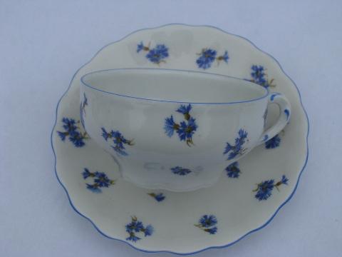 antique Ludwigsburg porcelain cups & saucers, ornate white w/ blue cornflowers