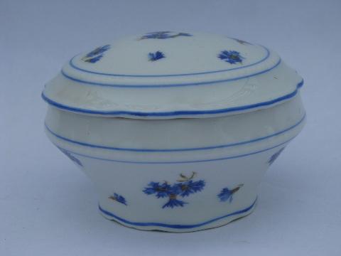 antique Ludwigsburg porcelain powder jar, ornate white w/ blue cornflowers