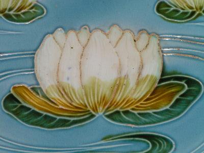 antique Majolica pottery plate, water lilies