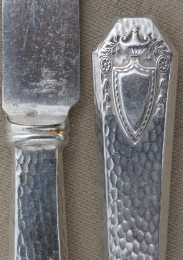 antique N monogram hammered silver knives, early 1900s vintage silver plate flatware