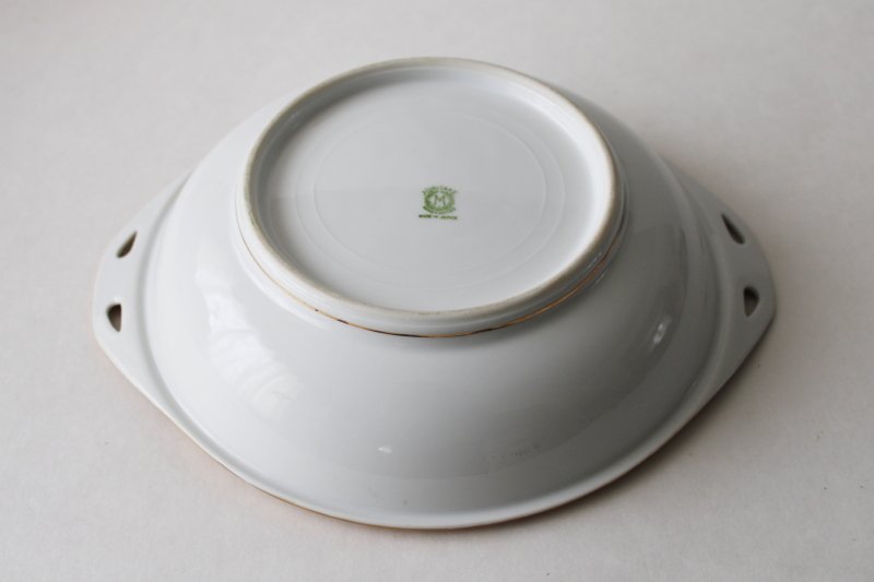 antique Noritake Japan green M mark hand painted china bowl, Nippon moriage gold encrusted 