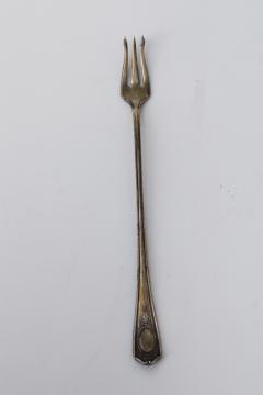 antique Oneida Louis XVI silver plate, long handled trident shape fork, olive or pickle fork