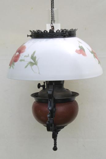 antique Parker oil lamp hanging light, parlor lamp w/ painted pansies glass shade