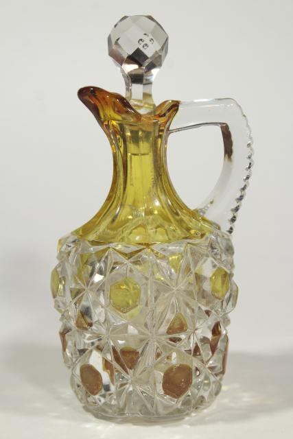 antique Pioneer block and lattice pattern glass cruet, amber yellow stain color