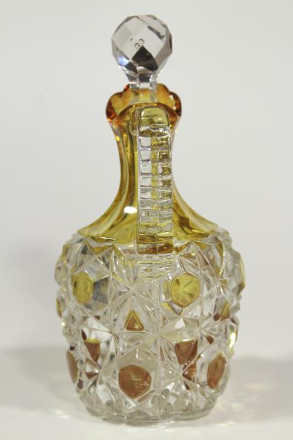 antique Pioneer block and lattice pattern glass cruet, amber yellow stain color