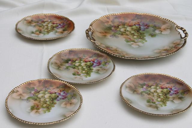 antique Prussia china dessert or cheese set, hand-painted porcelain plates w/ grapes