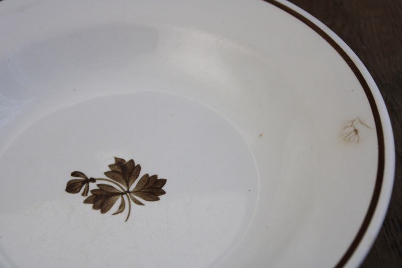 antique Royal Ironstone China Alfred Meakin soup bowls, brown on white Tea Leaf pattern