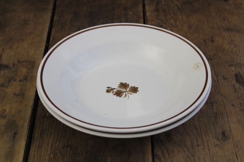 antique Royal Ironstone China Alfred Meakin soup bowls, brown on white Tea Leaf pattern