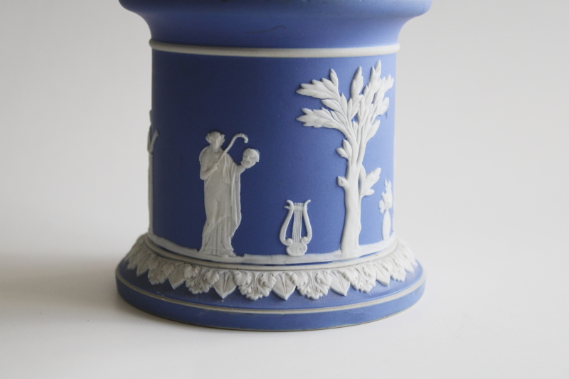 antique Schafer  Vater jasperware china canister, biscuit jar or tobacco jar, Wedgwood blue  white