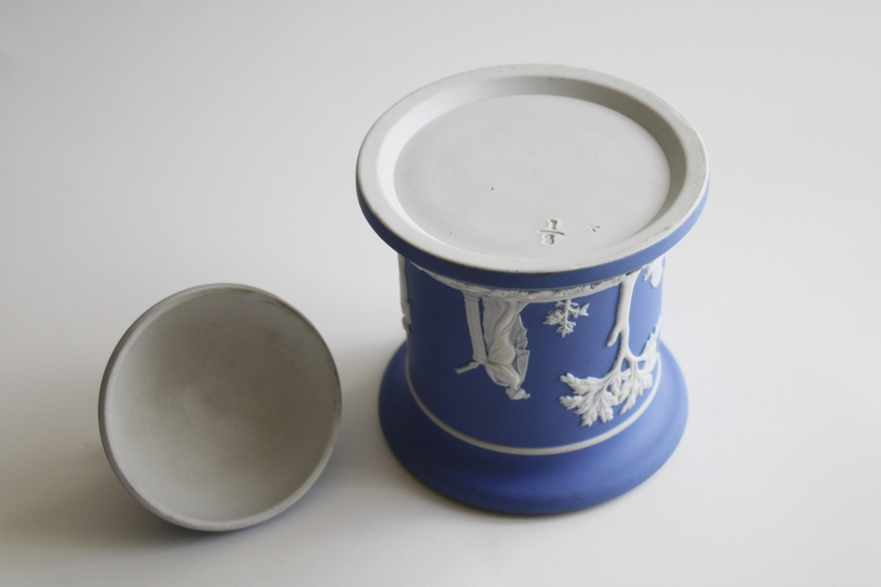 antique Schafer  Vater jasperware china canister, biscuit jar or tobacco jar, Wedgwood blue  white