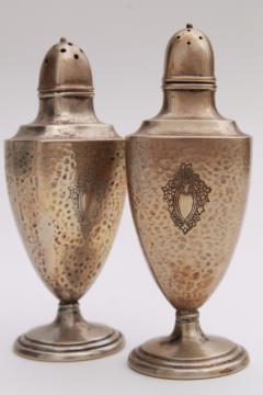 antique Sheffield silver plate salt & pepper shakers, art nouveau hammered finish silver over copper