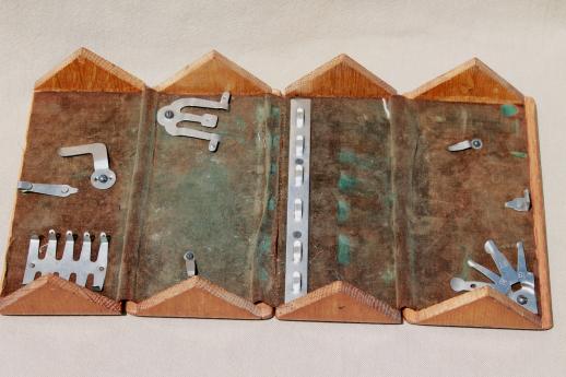 antique Singer sewing machine oak puzzle box, vintage folding wood sewing machine tool & attachment box