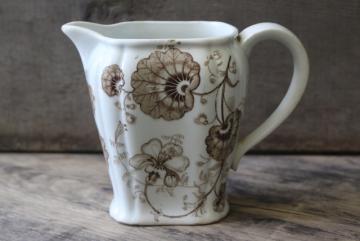 antique Staffordshire china pitcher, brown transferware begonia or geranium leaf
