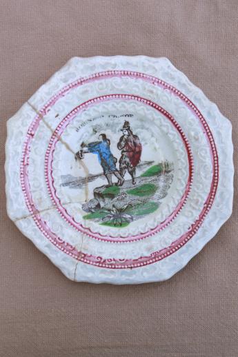 antique Staffordshire china plates, mid 1800s vintage Robinson Crusoe transferware