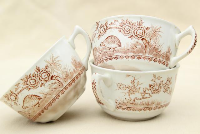 antique Staffordshire china tea cups, Furnivals Quail bird brown transferware