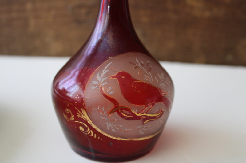 antique Victorian Bohemian glass cut etched bird ruby stain vanity bottle no stopper