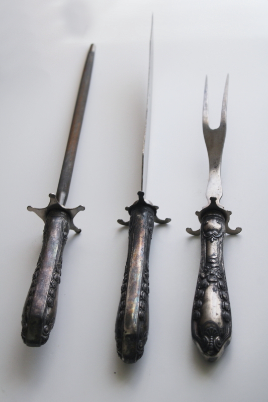 antique Victorian carving set w/ ornate silver handles, meat carving knife fork w/ steel