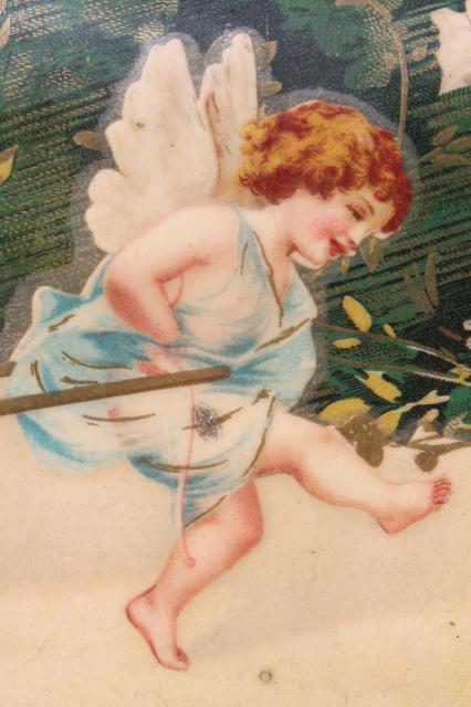 antique Victorian era ladies gloves box, baby cherub angel w/ hearts & flowers, lucky clover