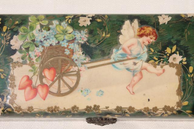 antique Victorian era ladies gloves box, baby cherub angel w/ hearts & flowers, lucky clover